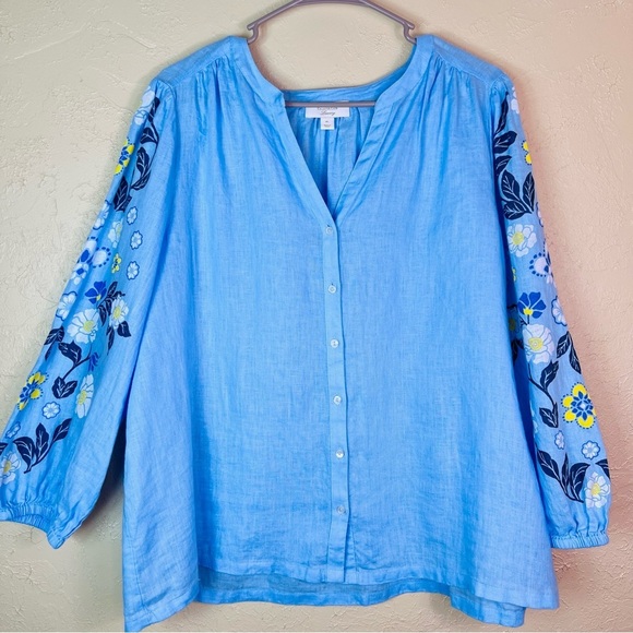 100% LINEN EMBROIDERED LONG BALLOON SLEEVES BLUE TOP SIZE 1X - Picture 2 of 7